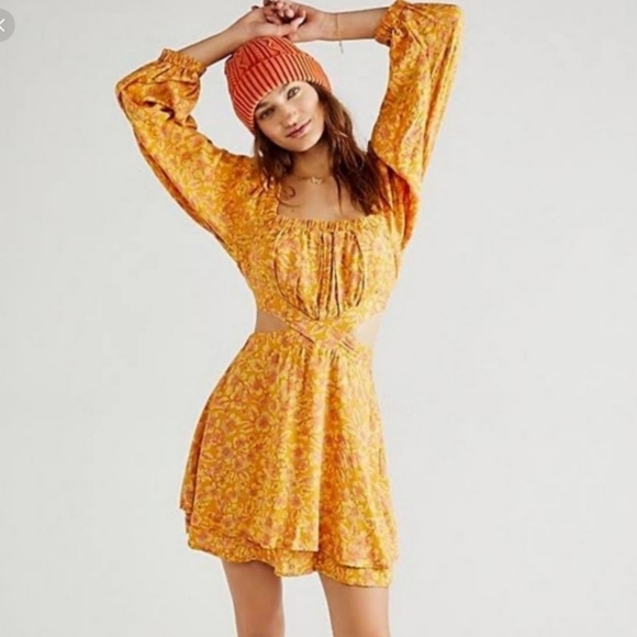 Free People Dresses & Skirts - Free People Jael Mini Dress Women's M Yellow Floral Artsy Cottagecore Peasant